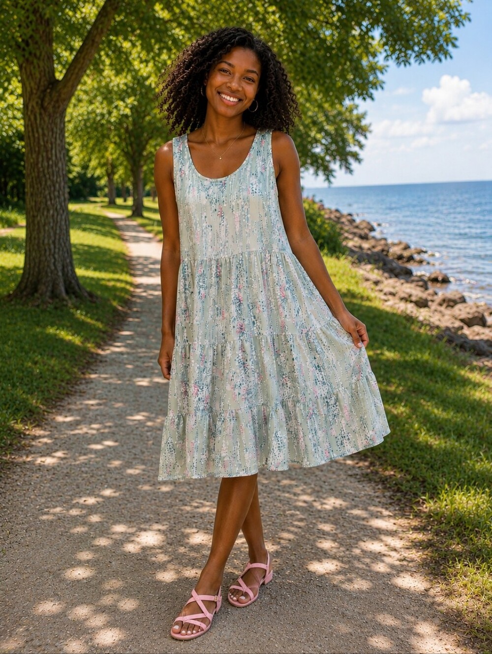 "Vintage Inspired Boho Tiered Midi Sundress - Groovy Pastel Abract Print. - Picture 4 of 7